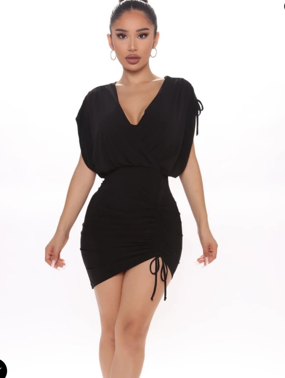 Black Ruched V-Neck Mini Dress Size XL NWT